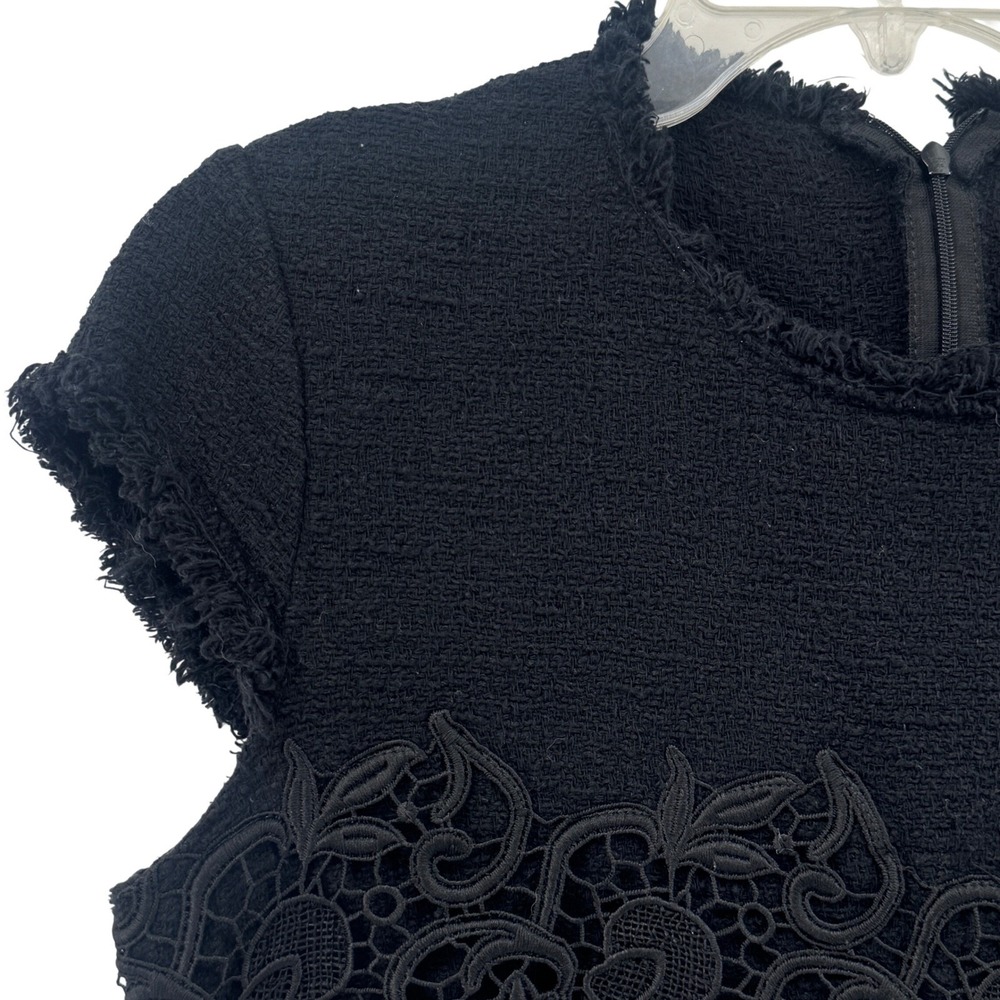 Zara Woman Dress Womens XL Black Tweed Lace Applique Frayed Trim Mini LBD - Picture 3 of 10
